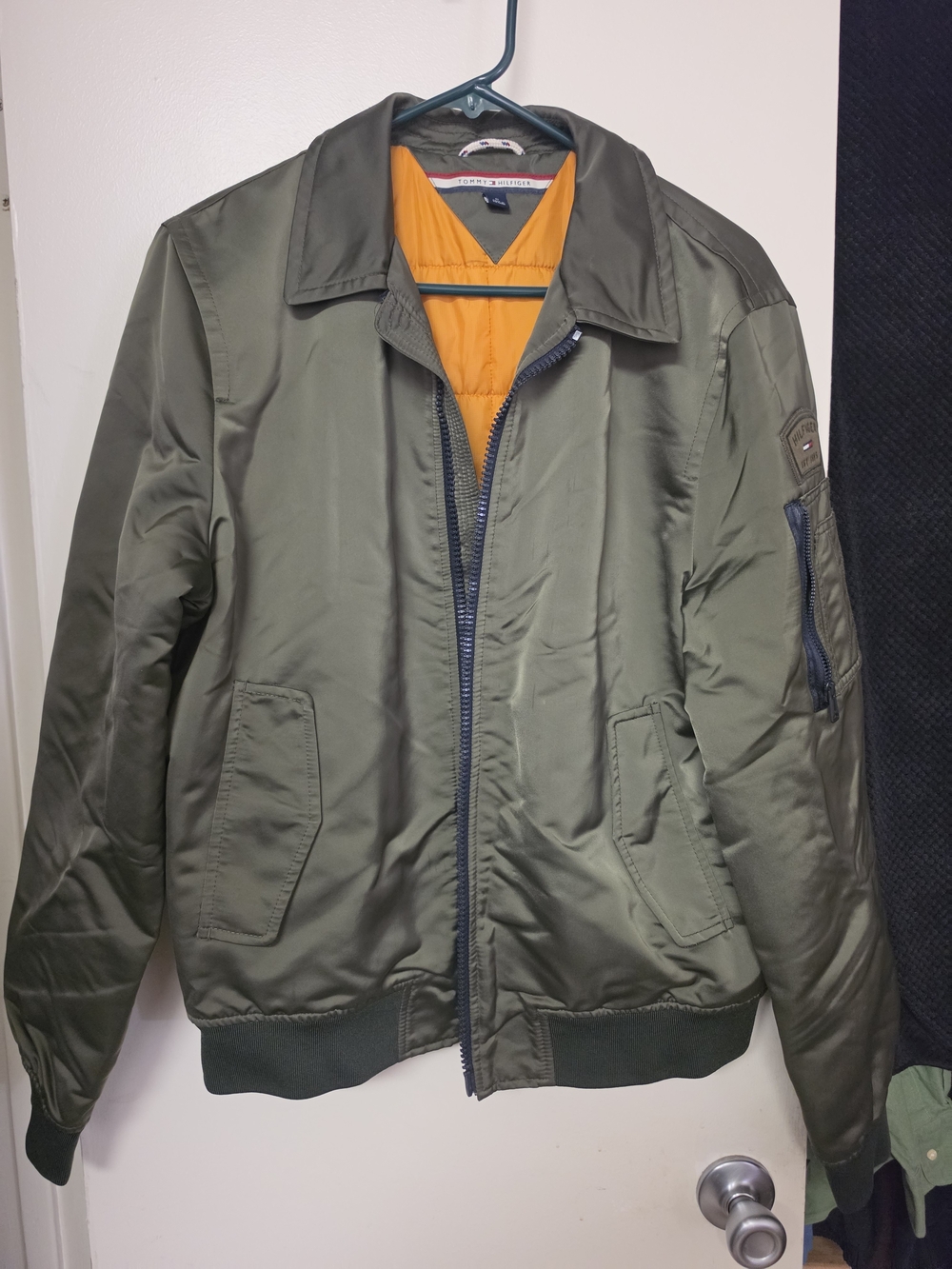Tommy Hilfiger Olive Green Bomber Jacket with Orange Lining Sz M